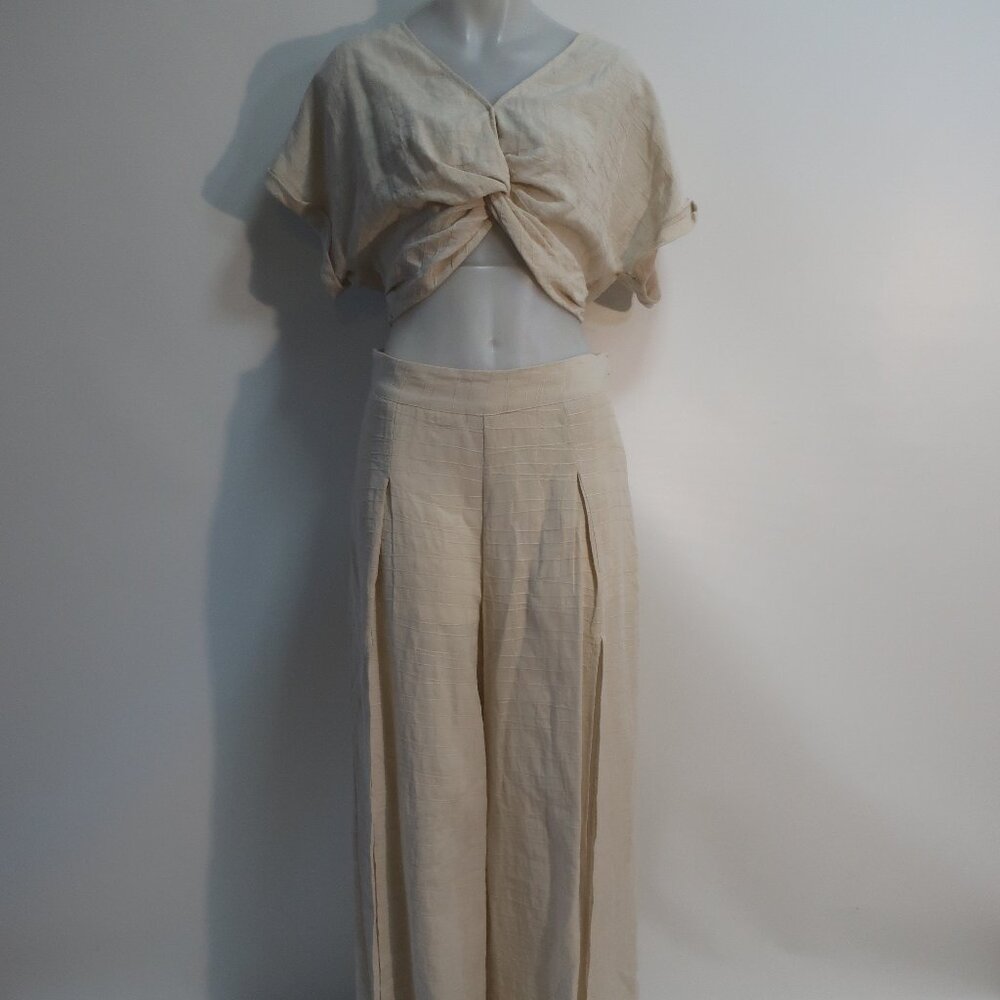 Womens Benaar LA Beige (Item- 40) 2-Pc Set Linen Blend Palazzo Pants Crop Top L